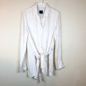 R+A Silk Star Button Down Long Sleeve Blouse White